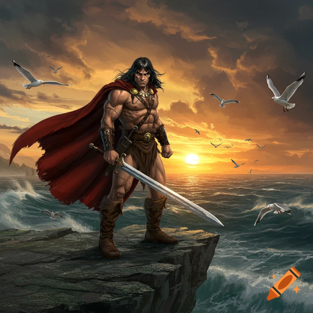 Muscular barbarian warrior with a red cape and sword stands on a cliff overlooking a stormy sunset ocean with seagulls.