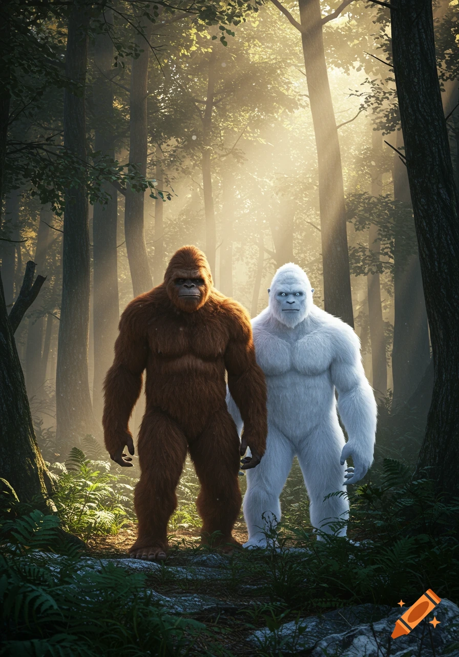 A photorealistic image of a brown Bigfoot and a white Yeti standing side-by-side in a sunlit forest.