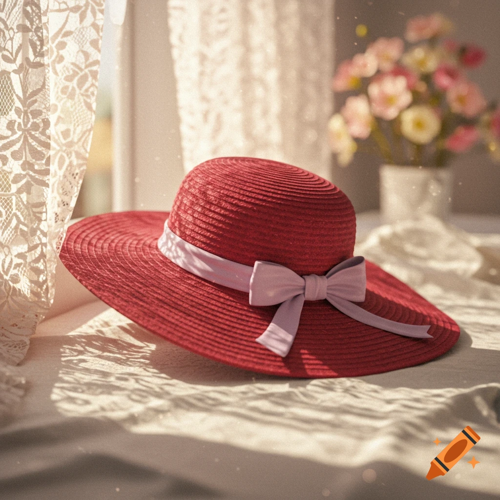 A red straw hat with a light purple ribbon and bow sits on a light-colored surface near a lace curtain and blurred flowers.