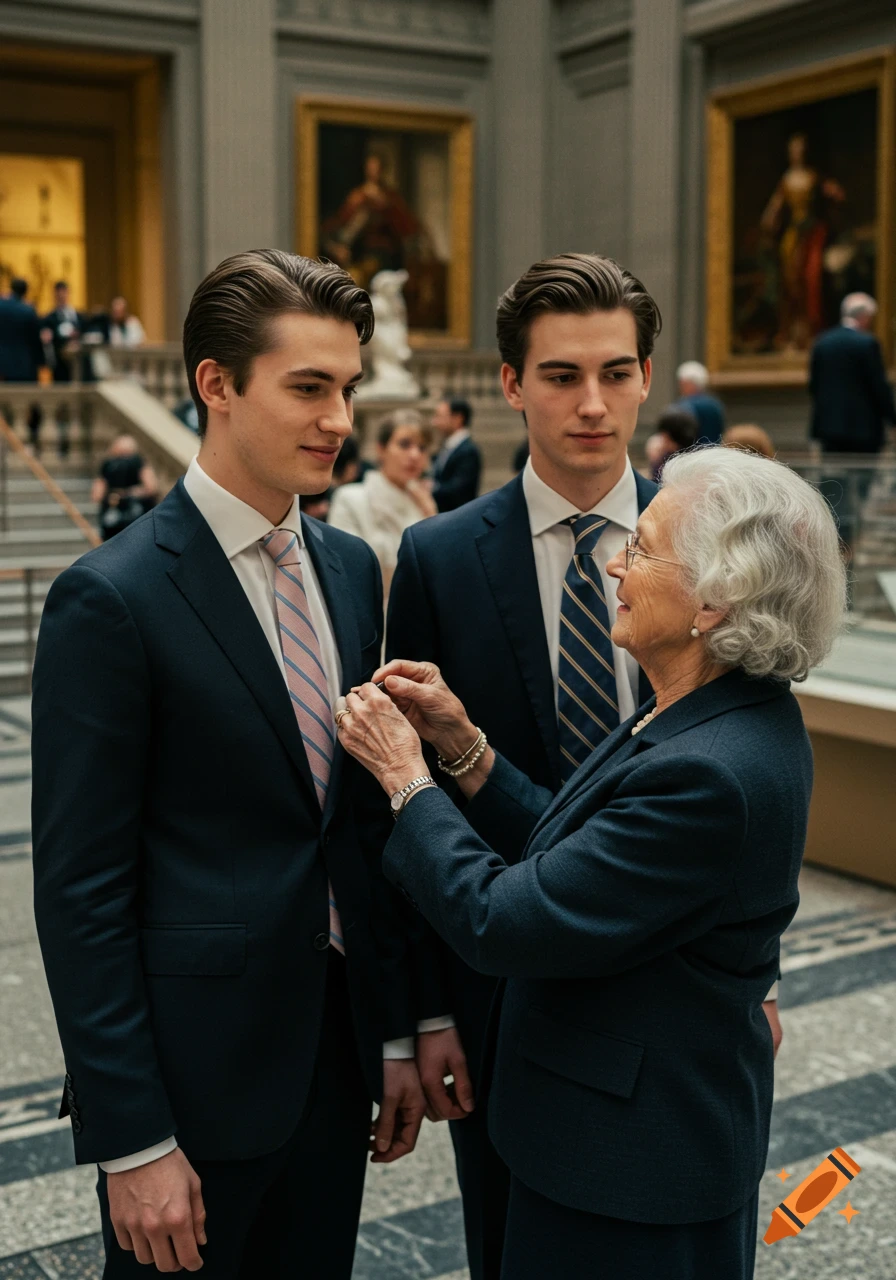 An older woman adjusts the tie of a young man in a suit, with another young man standing beside him, in a bustling museum foyer.