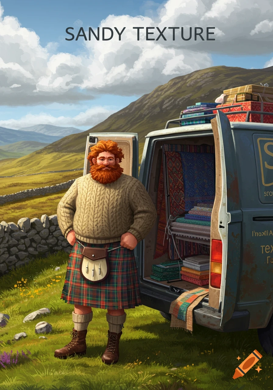 A cartoon-style illustration of a red-bearded man in a kilt and sweater, standing next to a blue work van filled with textiles, in a green Scottish mountain landscape under a cloudy sky.