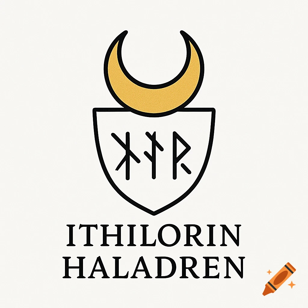 Minimal flat logo featuring a golden crescent moon over a shield with runes, and text 'ITHILORIN HALADREN' below.