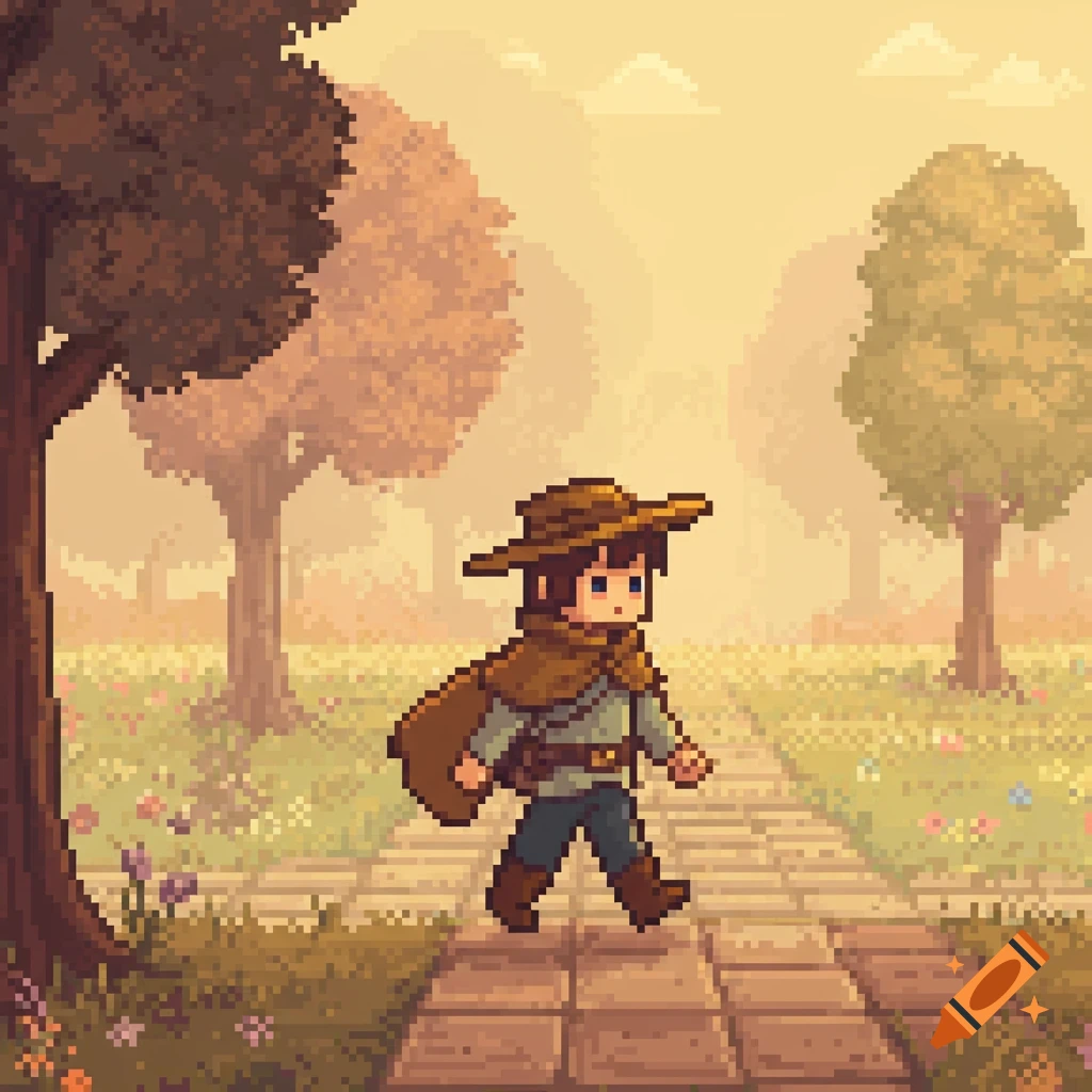 Pixel art of a traveler in a hat and cape walking on a stone path through a misty, autumnal landscape.
