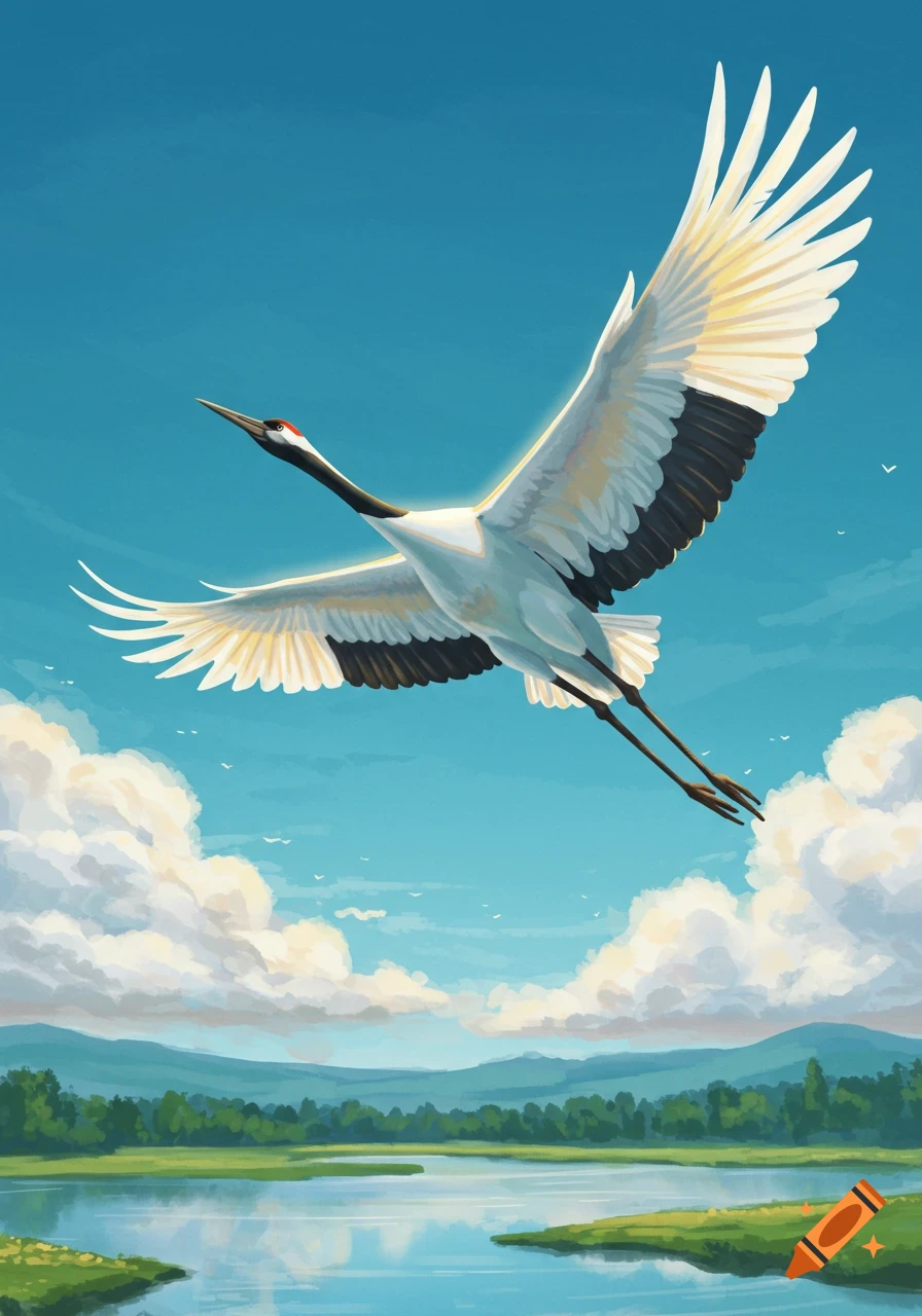 A majestic red-crowned crane with outstretched wings soars against a bright blue sky with clouds, above a tranquil lake and green landscape.