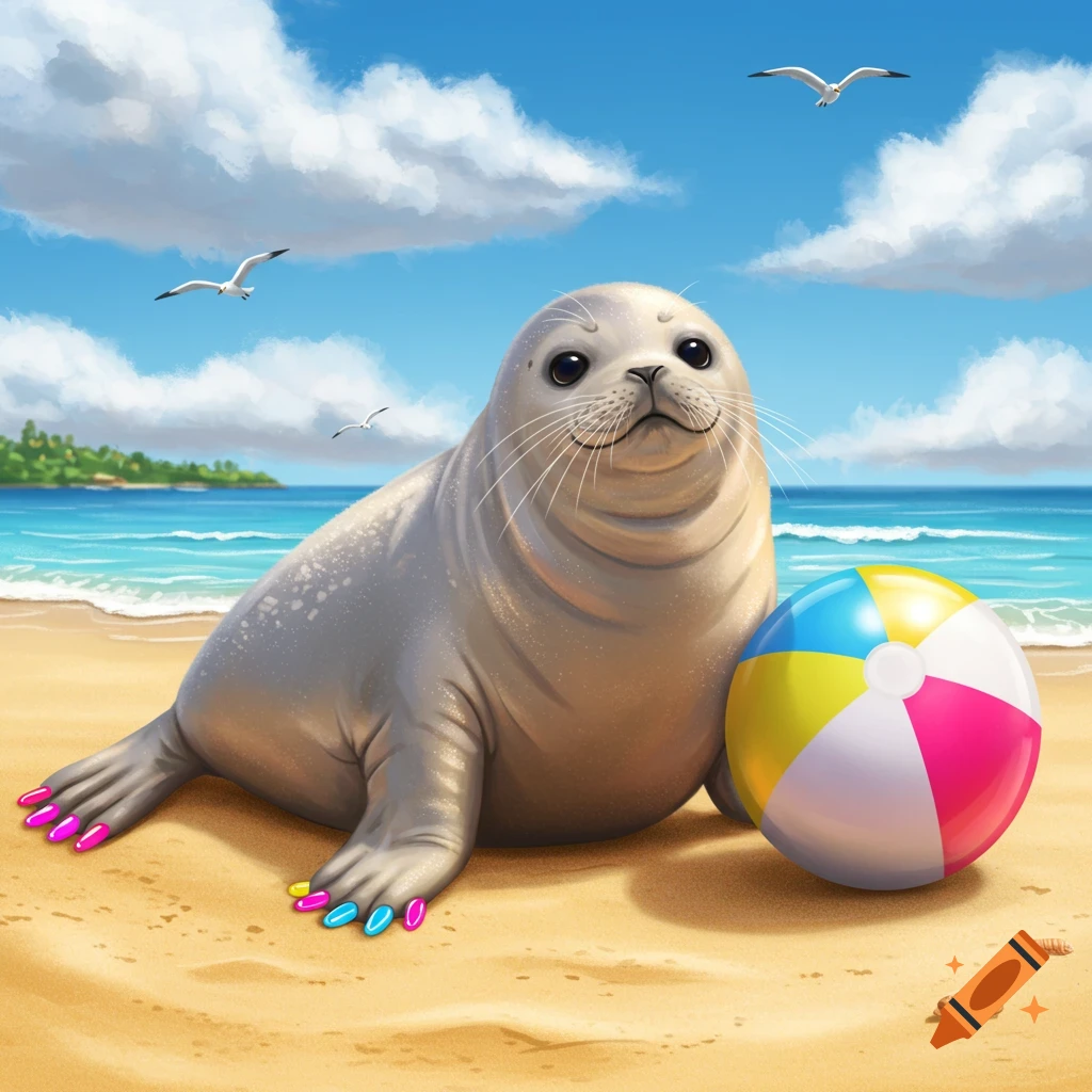 A cute seal with colorful nail polish sits on a sandy beach next to a striped beach ball under a blue sky.