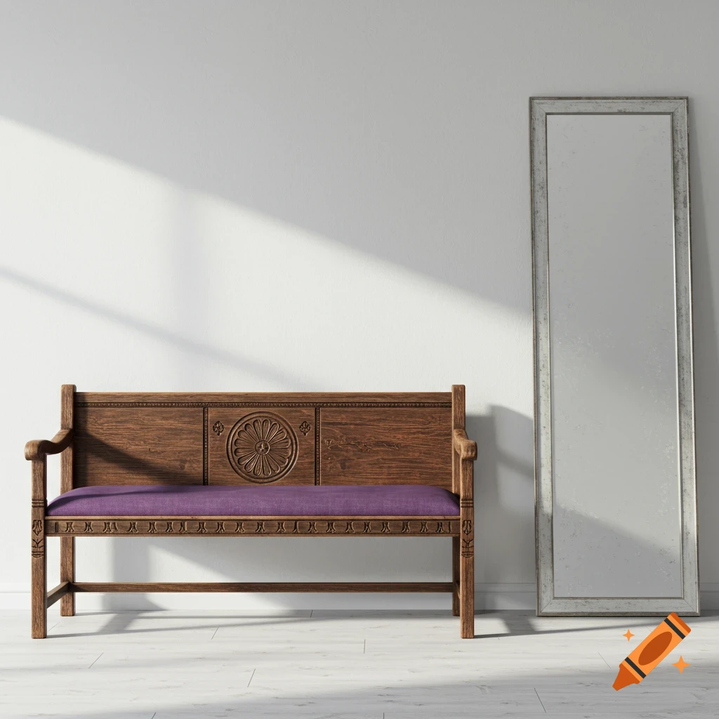 An ornate wooden bench with a purple cushion against a white wall, next to a tall, silver-framed mirror.