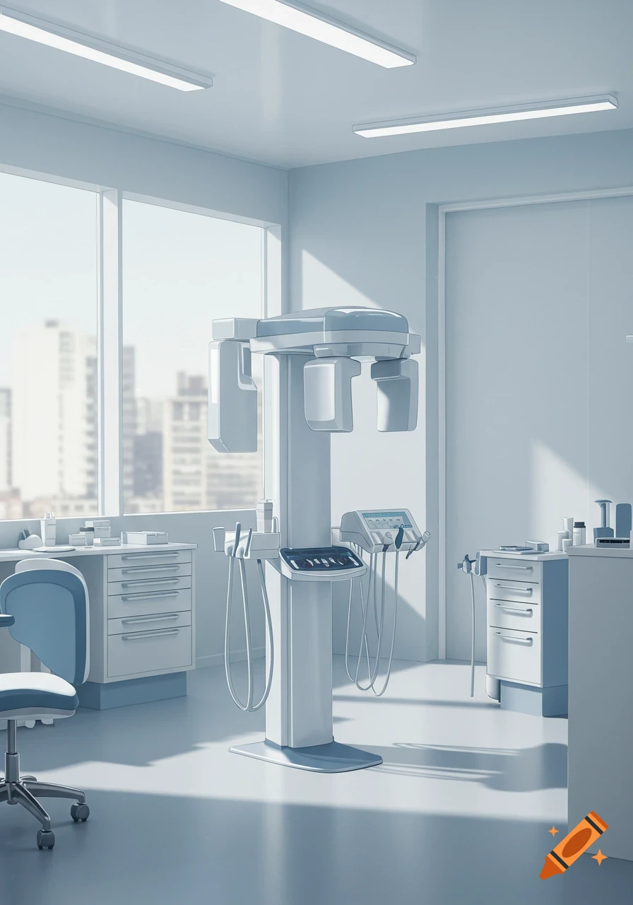 Modern dental office with a panoramic X-ray machine. The room is bright with natural light from a large window showing city buildings.