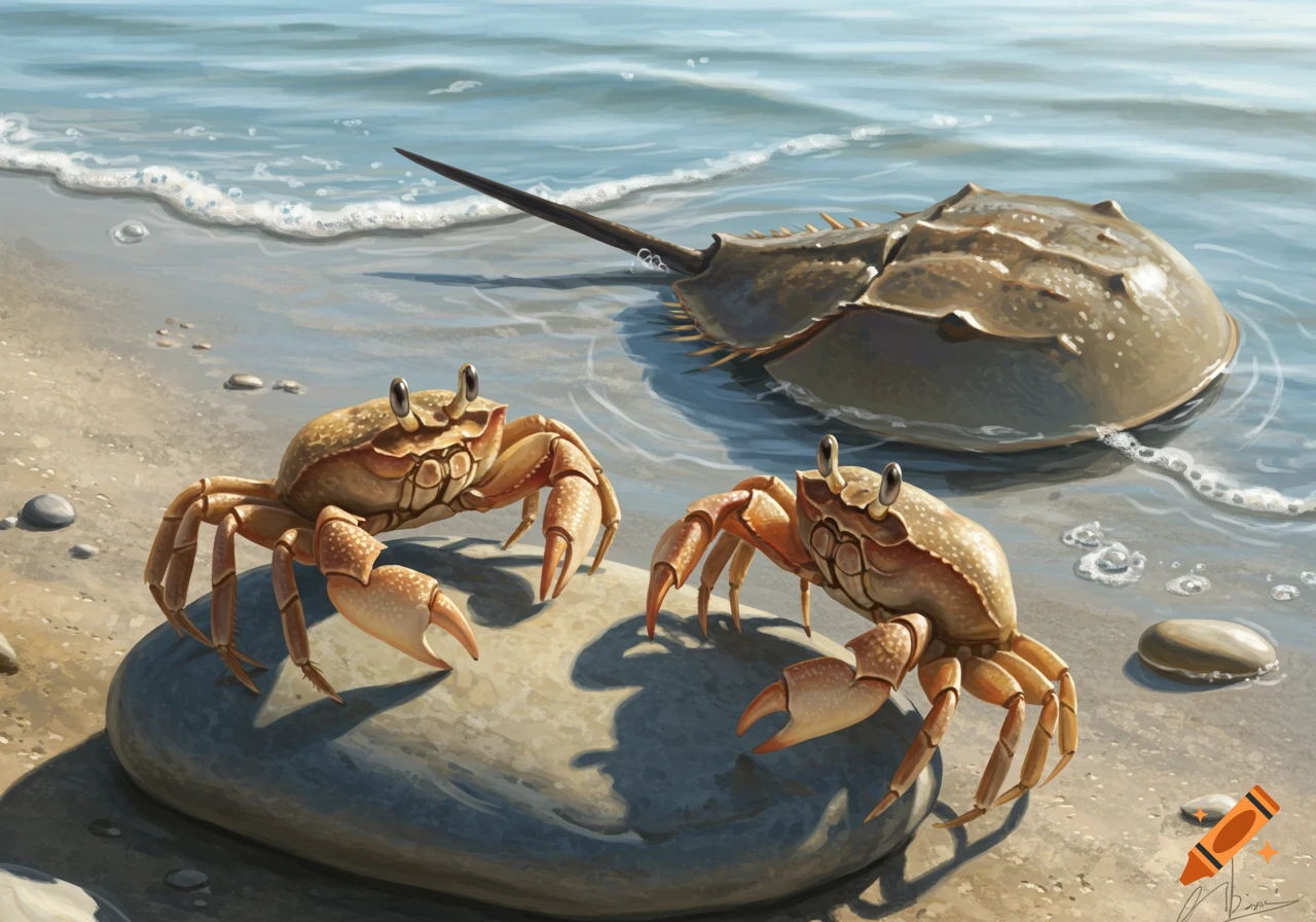 Two realistic crabs on a sandy beach next to a horseshoe crab partially in the water.