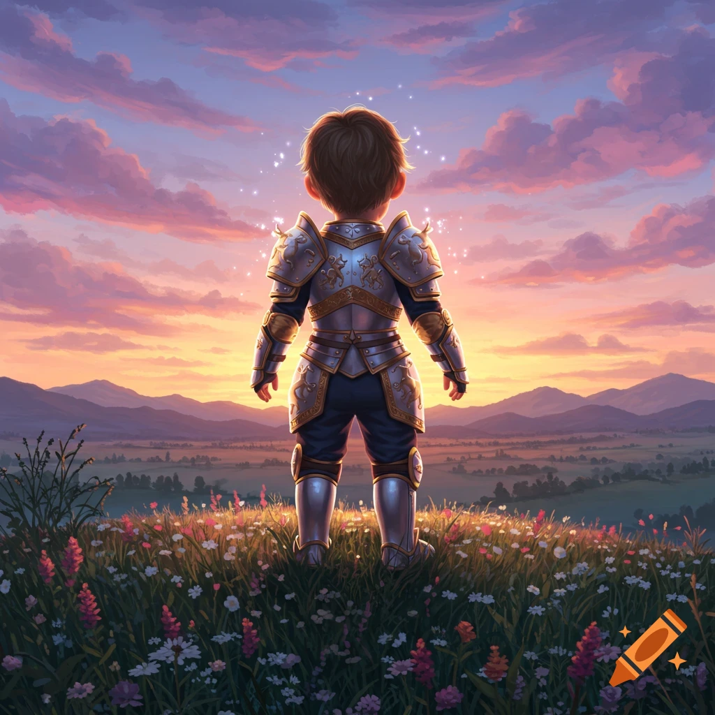 Child in ornate silver knight armor stands on a wildflower hill, watching a vibrant sunset over mountains.