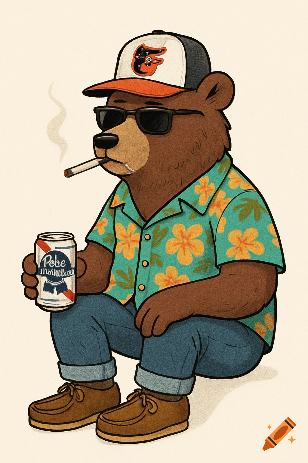 Cartoon bear wearing sunglasses, a Hawaiian shirt, jeans, and a Baltimore Orioles cap, smoking a cigarette and holding a beer can.