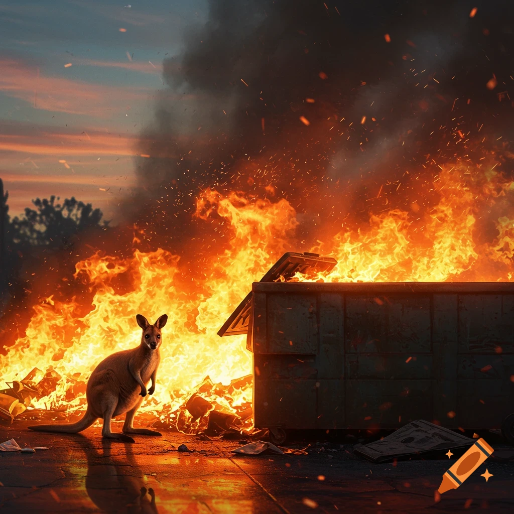 A kangaroo stands in front of a large dumpster on fire, with thick smoke under a dramatic sunset.