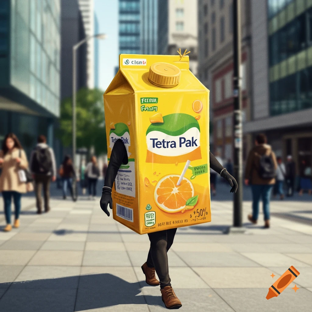 Photorealistic image of a person wearing a giant yellow Tetra Pak juice carton costume, walking on a busy city sidewalk.