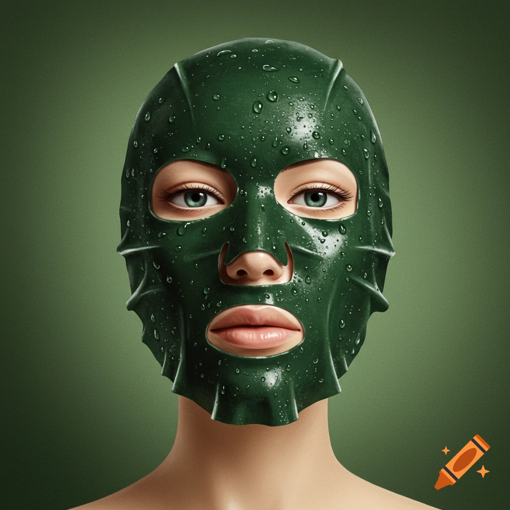Close-up of a person wearing a dark green, hydrating sheet mask with water droplets, against a green background.