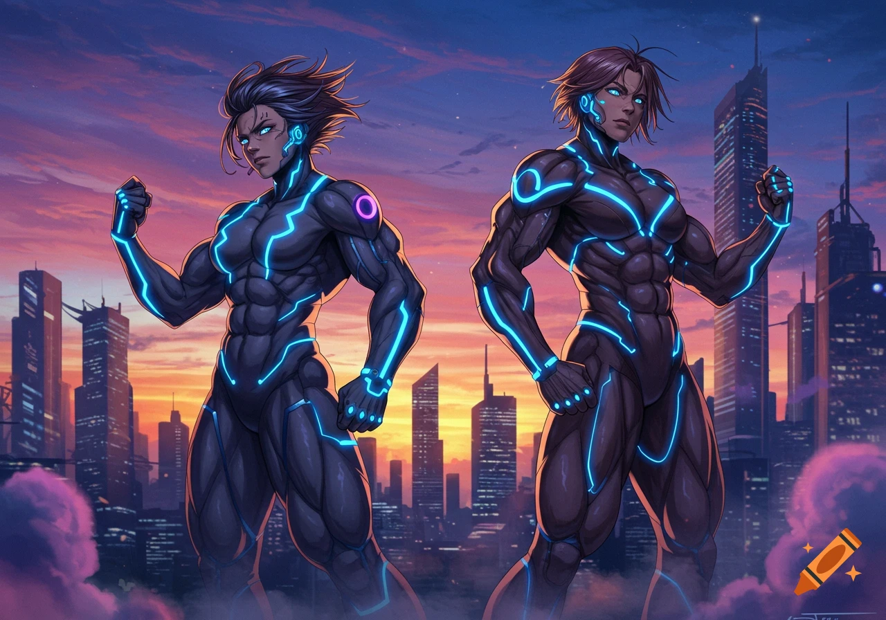 Two muscular anime figures in glowing blue and purple sci-fi suits stand against a cyberpunk city skyline at sunset.