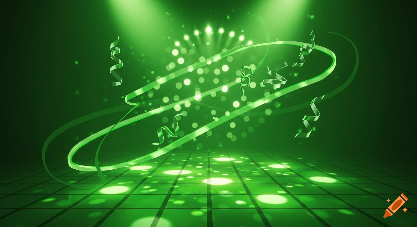 A vibrant green disco background with glowing light squares on the floor, spotlights, bokeh effects, and swirling ribbons.