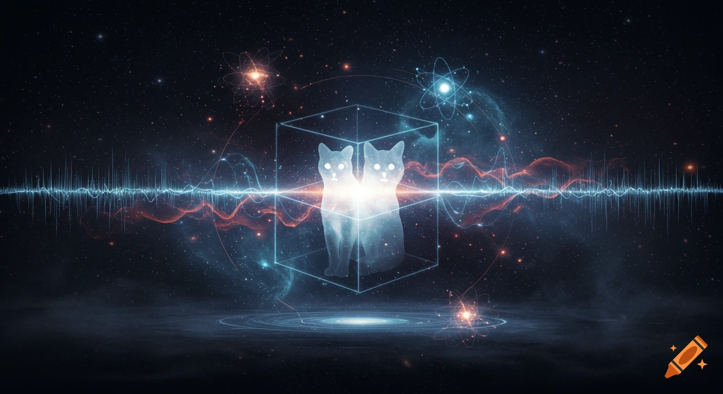 Two glowing, translucent cats in a cube float in a cosmic space with stars, nebulae, atomic models, and wave patterns.