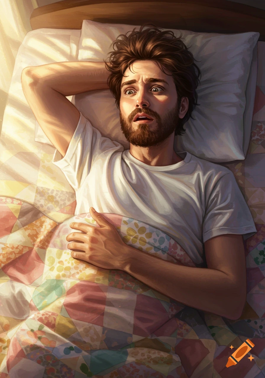 An illustration of a bearded man with messy hair lying in bed, looking surprised or scared as sunlight streams in.