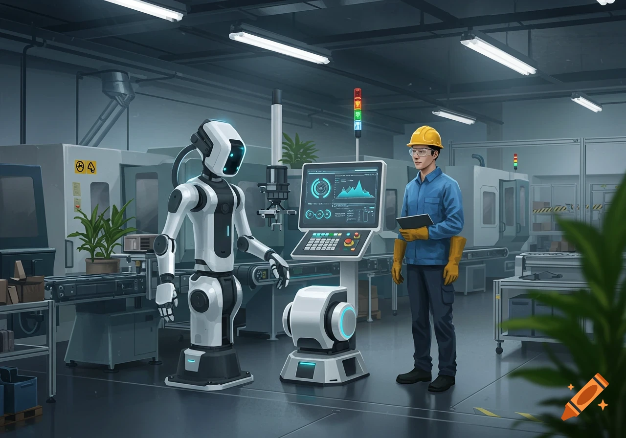 A man in a hard hat and work uniform stands next to a white robot and control panel in a clean factory setting.