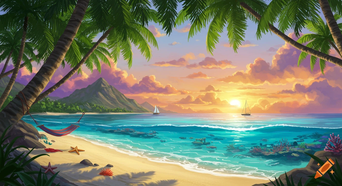 Illustrative tropical beach sunset with palm trees, a hammock, and sailboats on the ocean.