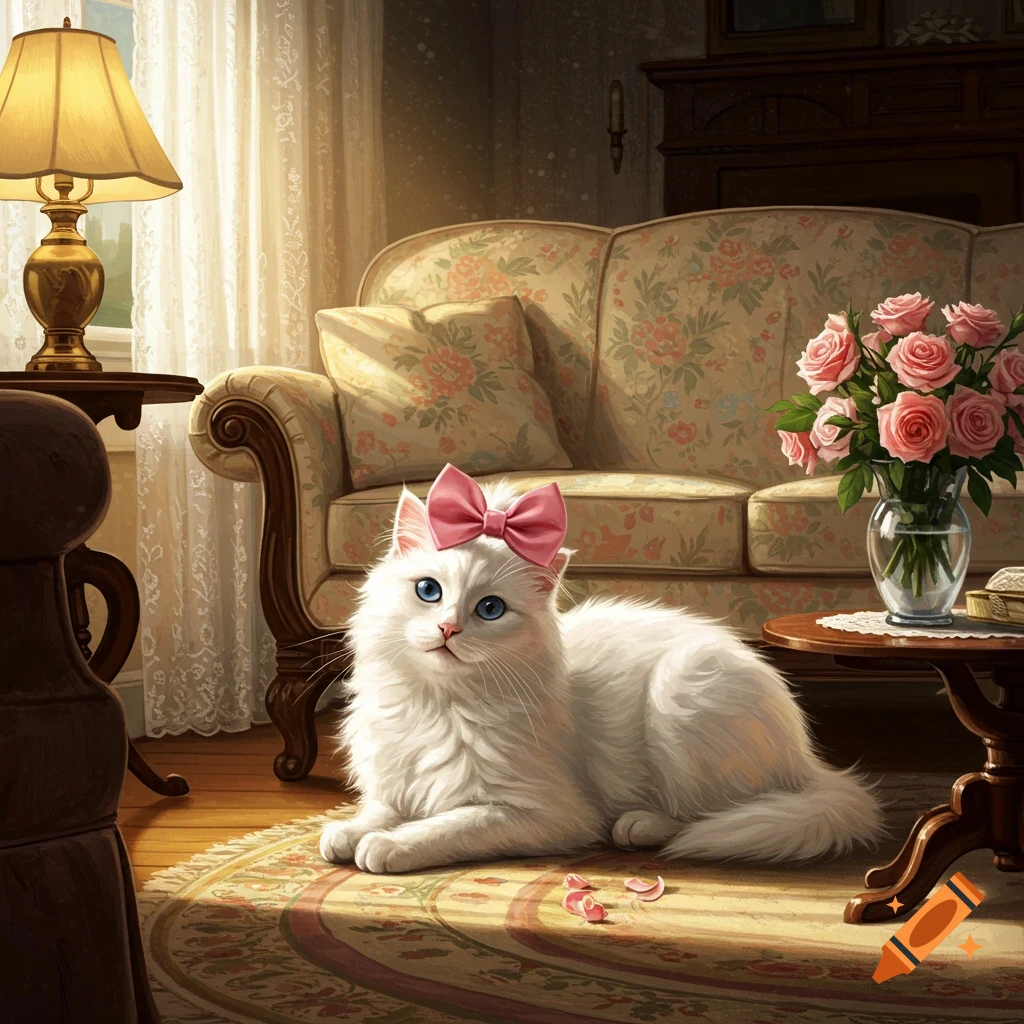 A fluffy white cat with blue eyes and a pink bow lies on a patterned rug in a sunlit living room with a floral couch.