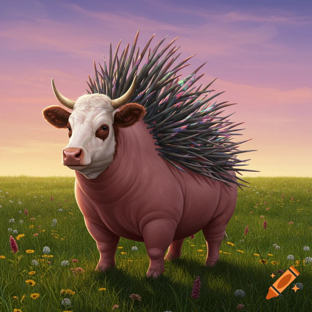 A pink-bodied creature with a cow's head and porcupine quills stands in a green field under a colorful sky.