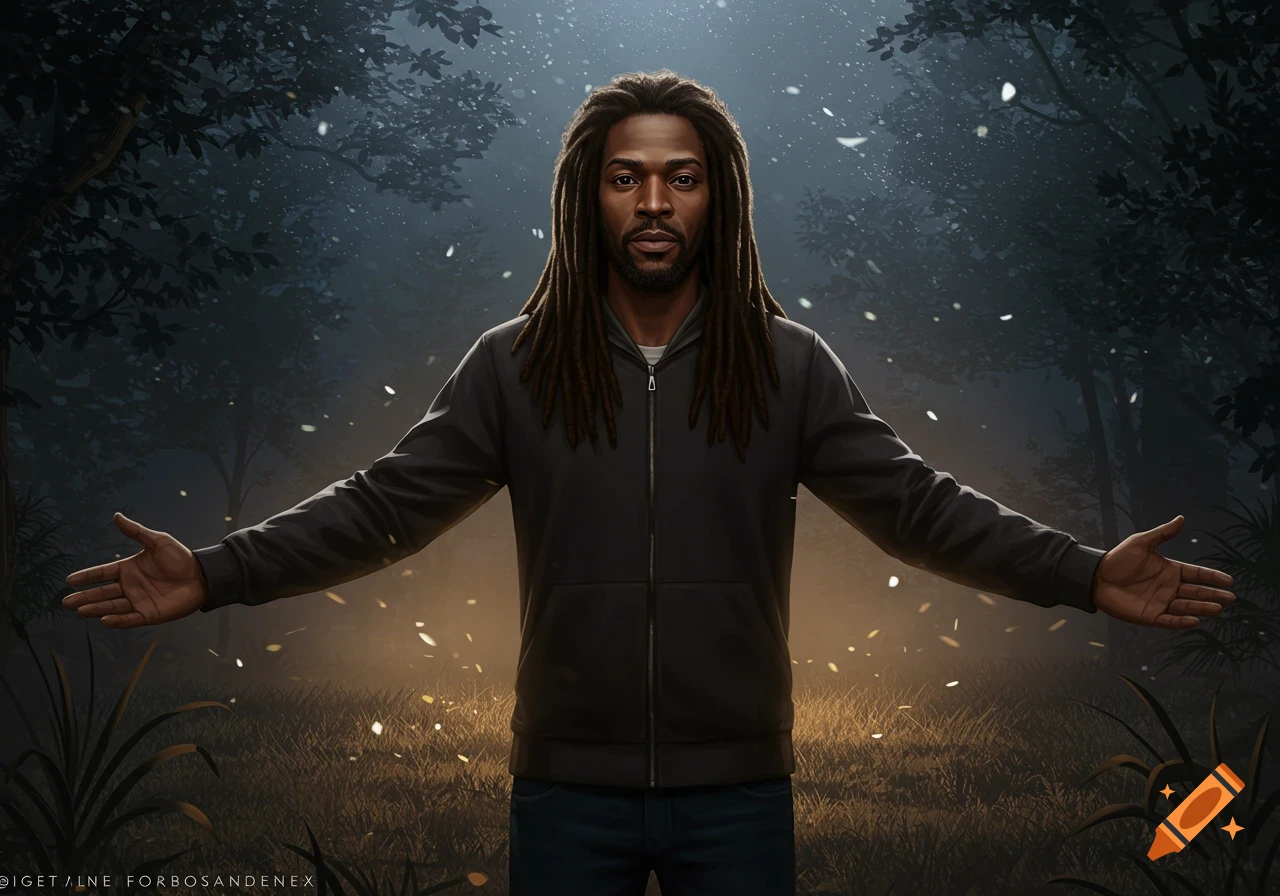 Photorealistic portrait of a man with dreadlocks, arms outstretched, standing in a dark, atmospheric forest at night with falling white and golden particles.