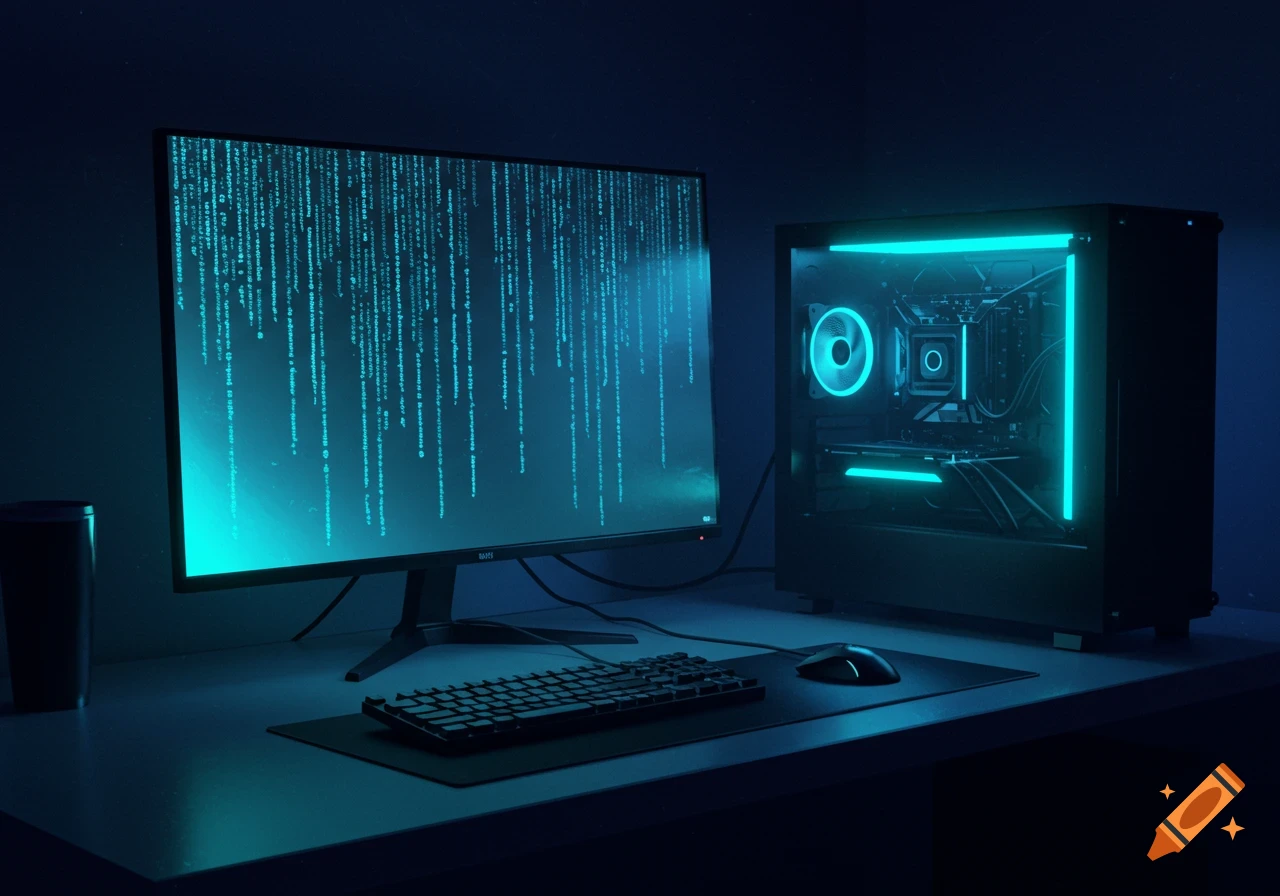 A dark computer setup with a monitor displaying blue cascading code and a PC tower with glowing blue interior lights. A keyboard and mouse are on the desk.