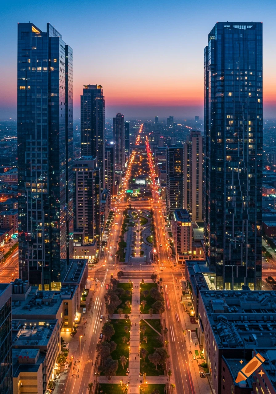 An aerial view of a modern cityscape at dusk with tall illuminated skyscrapers, long exposure streaking car lights on streets.
