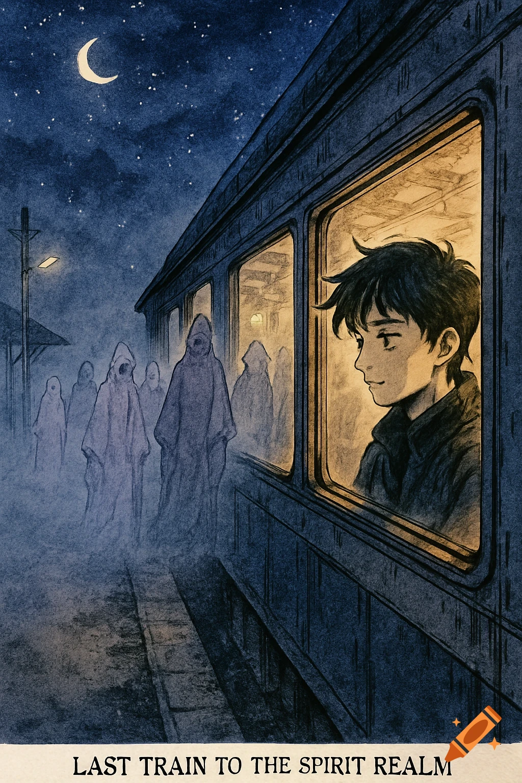 Manga-style watercolor of a young person on a train looking out at misty, cloaked spirits on a dark platform at night.