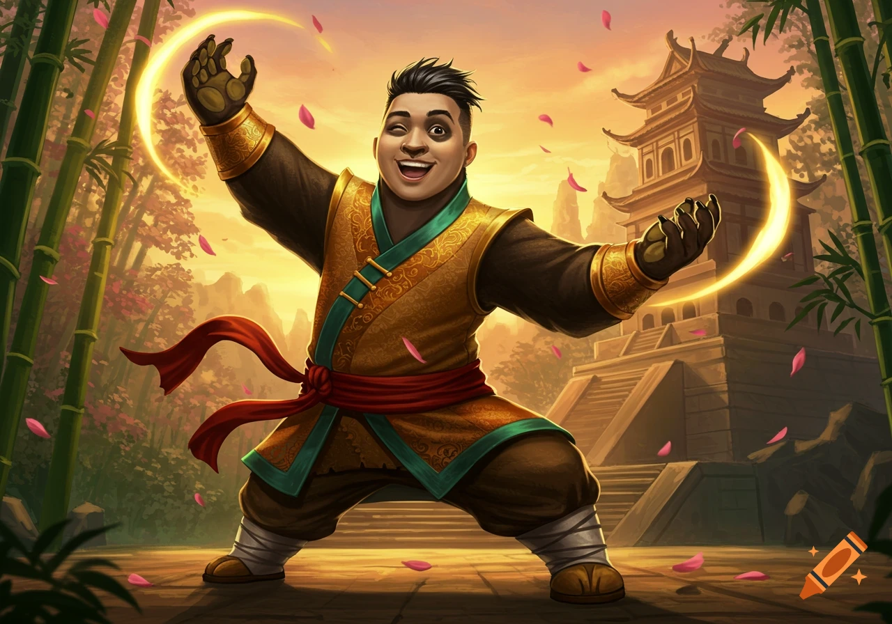 Cheerful human-panda martial artist strikes a pose, with glowing hands, falling pink petals, bamboo, and an East Asian temple at sunset.