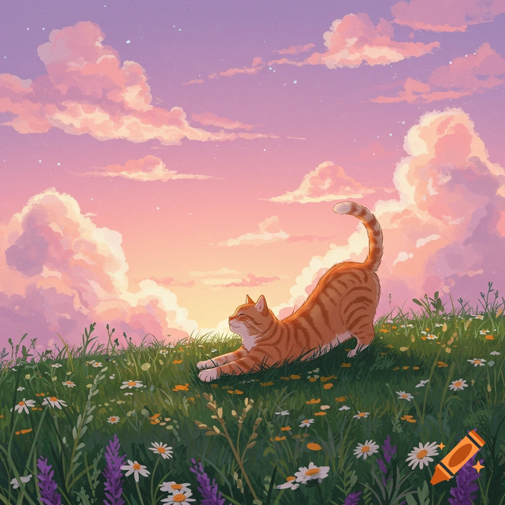 An orange tabby cat stretches in a vibrant meadow filled with wildflowers under a beautiful pink and purple sunset sky. Digital illustration.