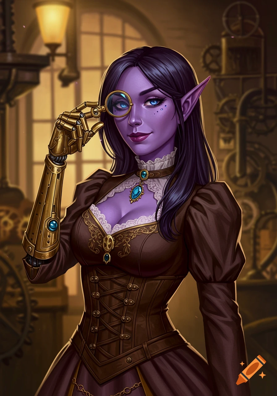 A purple-skinned elf woman with a gold robotic arm and pointed ears holds a jeweler's loupe, wearing a steampunk dress.