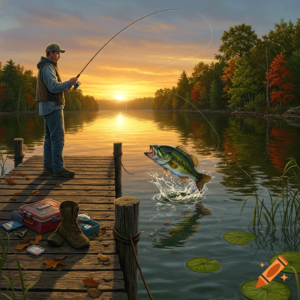 A man on a wooden dock catches a bass jumping from a lake at sunset, surrounded by autumn trees.