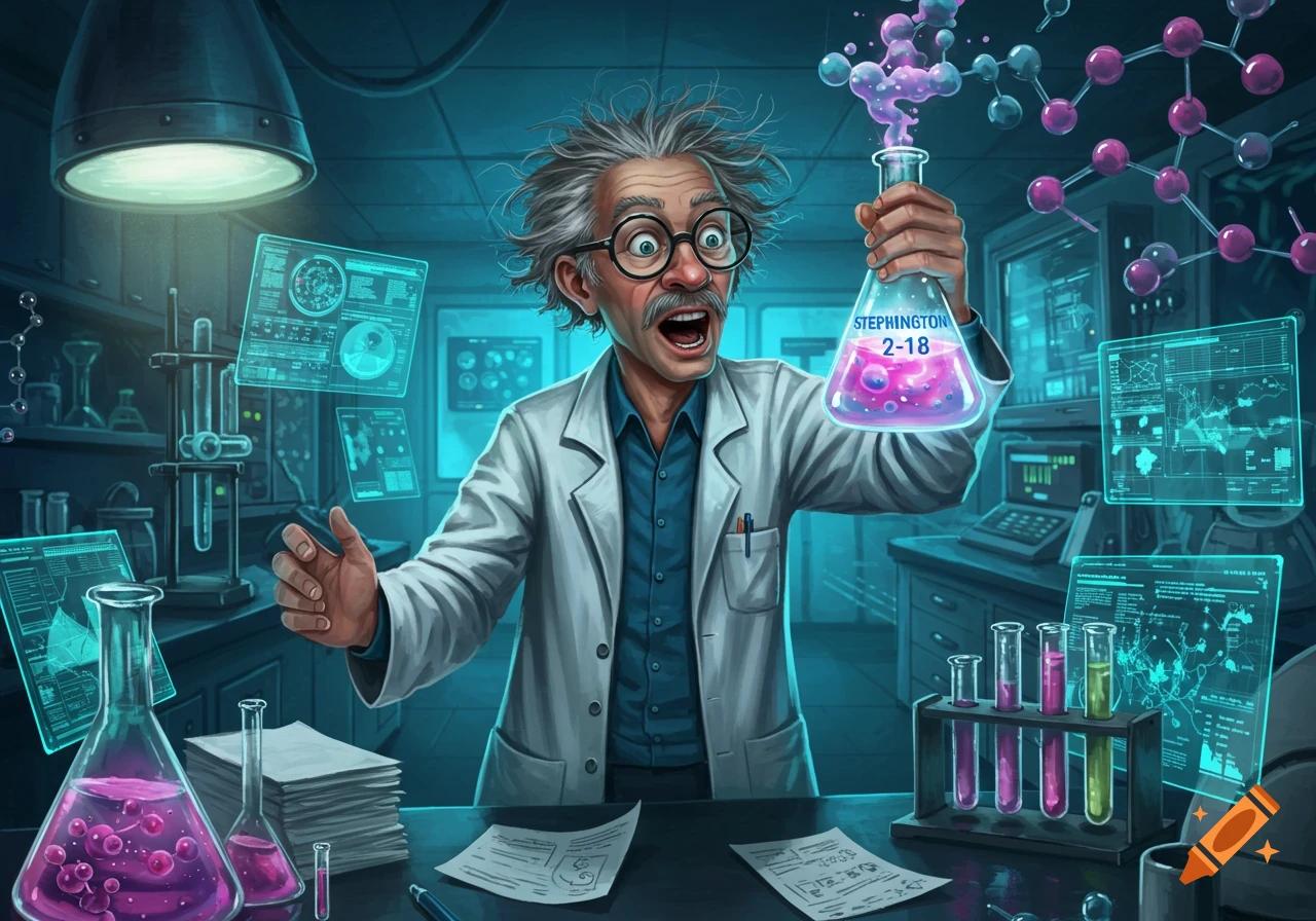 A cartoon scientist in a lab coat reacts with surprise while holding a glowing flask with pink liquid and the label 'STEPHINGTON 2-18'.