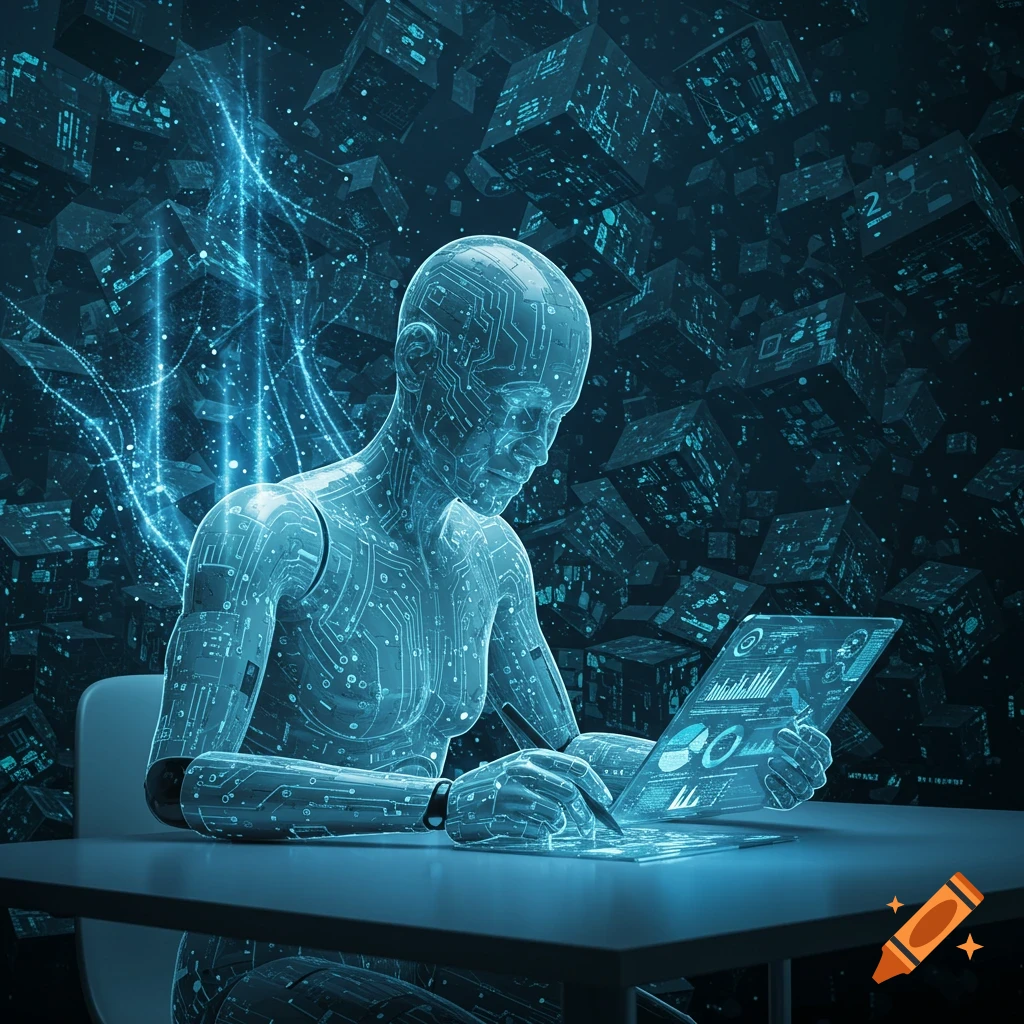 A glowing, translucent AI figure made of circuit patterns works on a futuristic tablet at a desk, surrounded by floating data cubes and blue light streams.
