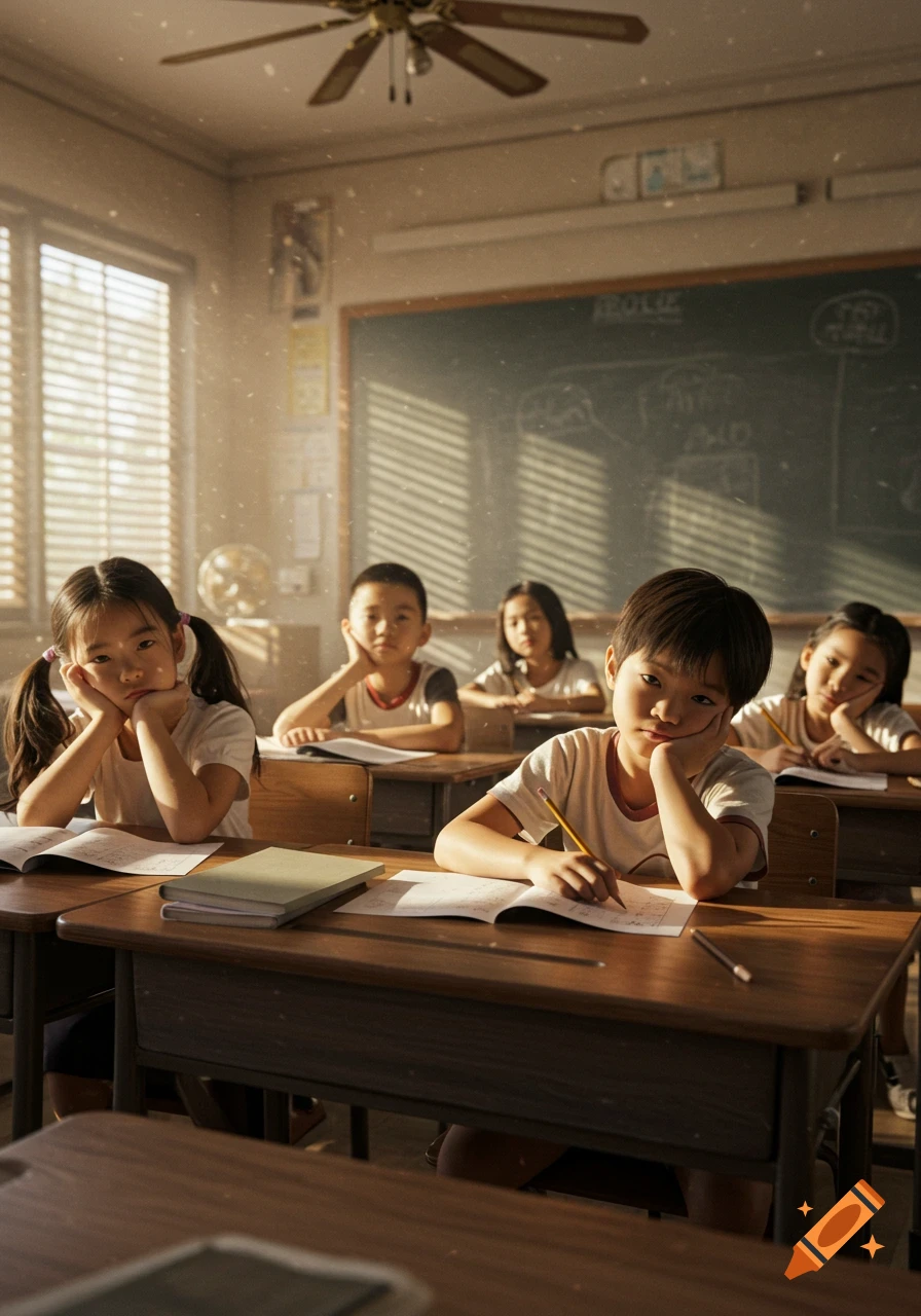 Photorealistic image of bored elementary school children sitting at their desks in a sunlit classroom, with dust motes floating in the air.