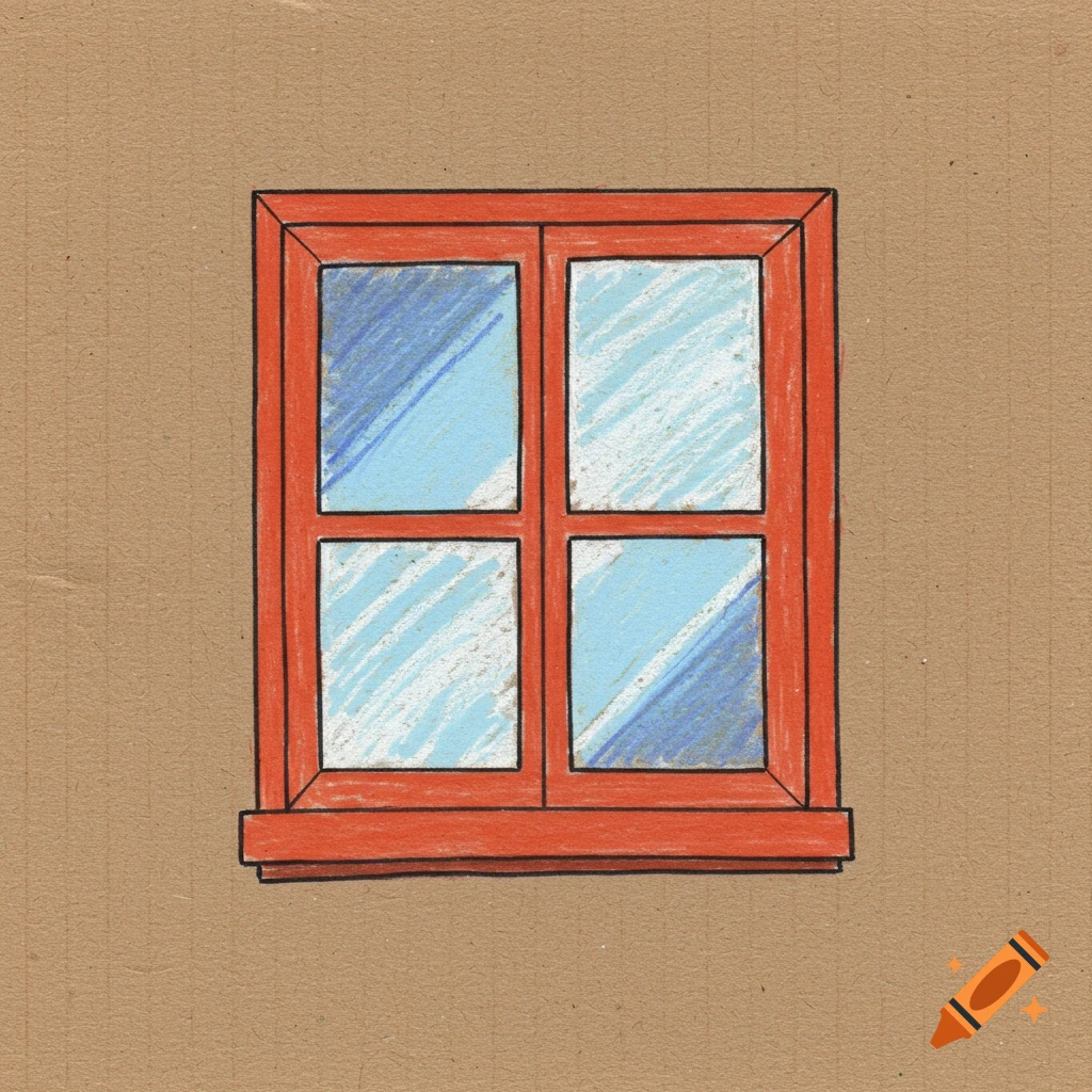 A simple crayon drawing of a red window with four panes on a brown cardboard background.