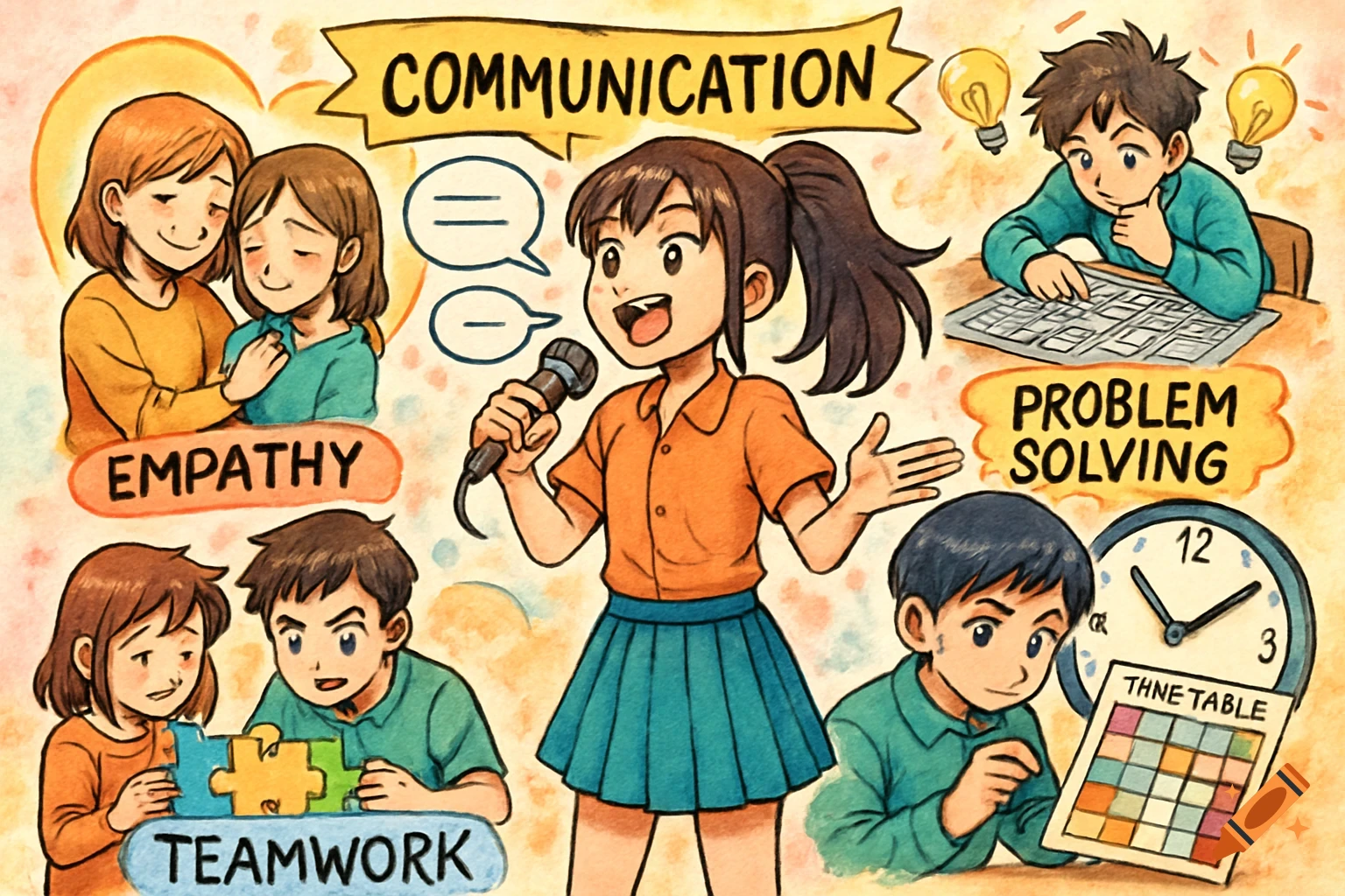 Vibrant manga-style illustration showing characters demonstrating soft skills: communication, empathy, teamwork, problem-solving, and time management.