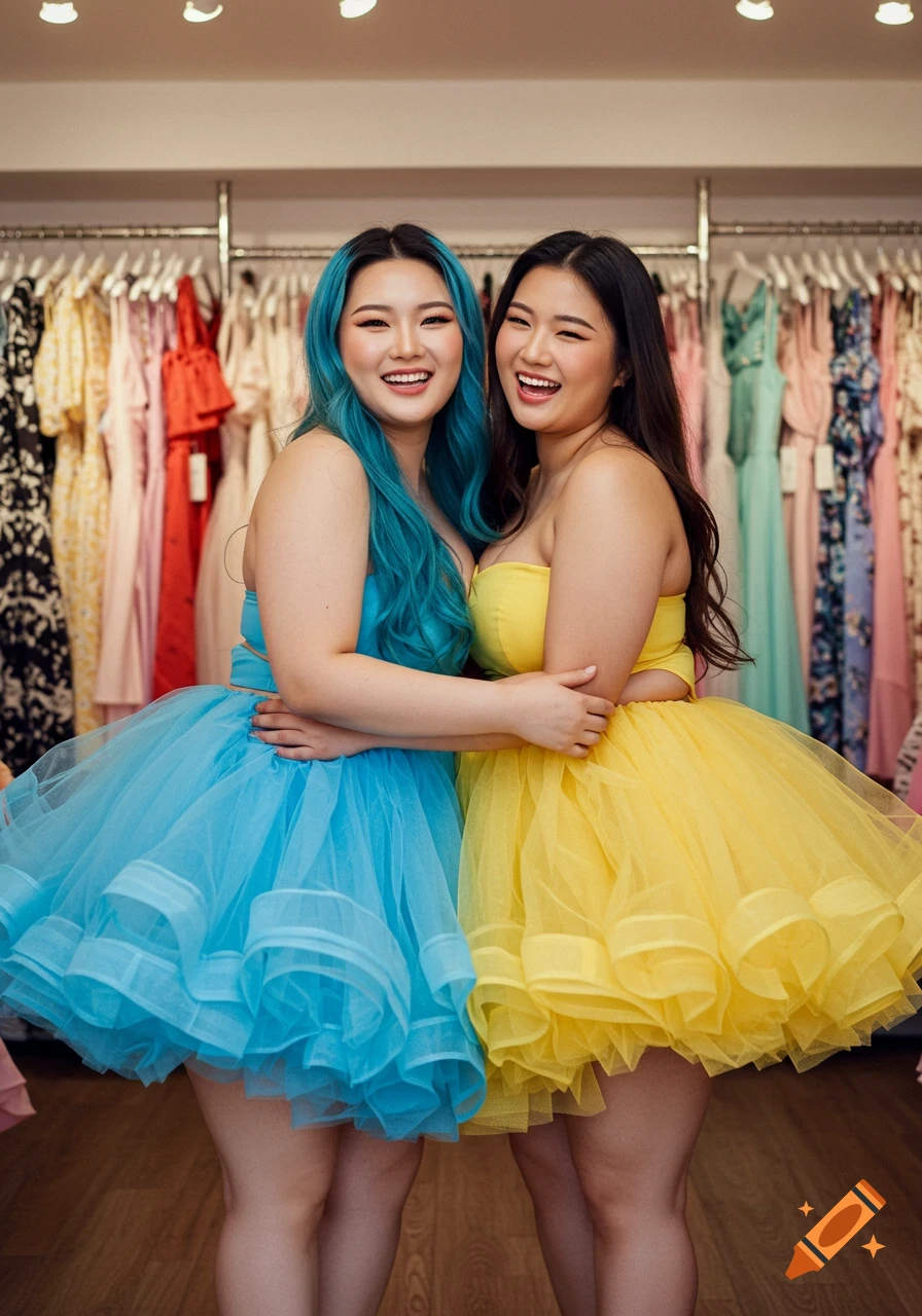Two smiling Korean women in blue and yellow petticoat dresses hug inside a clothing store with racks of dresses.