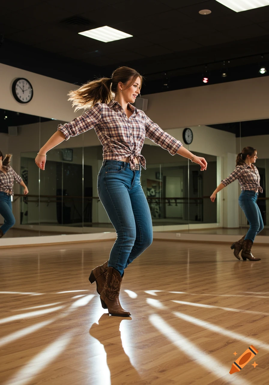 A woman in a plaid shirt, jeans, and cowboy boots performs a grapevine dance step in a dance studio.