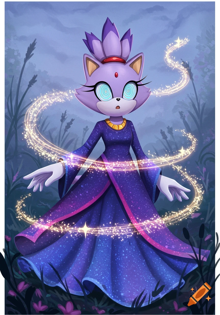 Blaze the Cat with hypnotized eyes, wearing a flowing starry purple dress, surrounded by golden magical sparkles in a mystical forest.