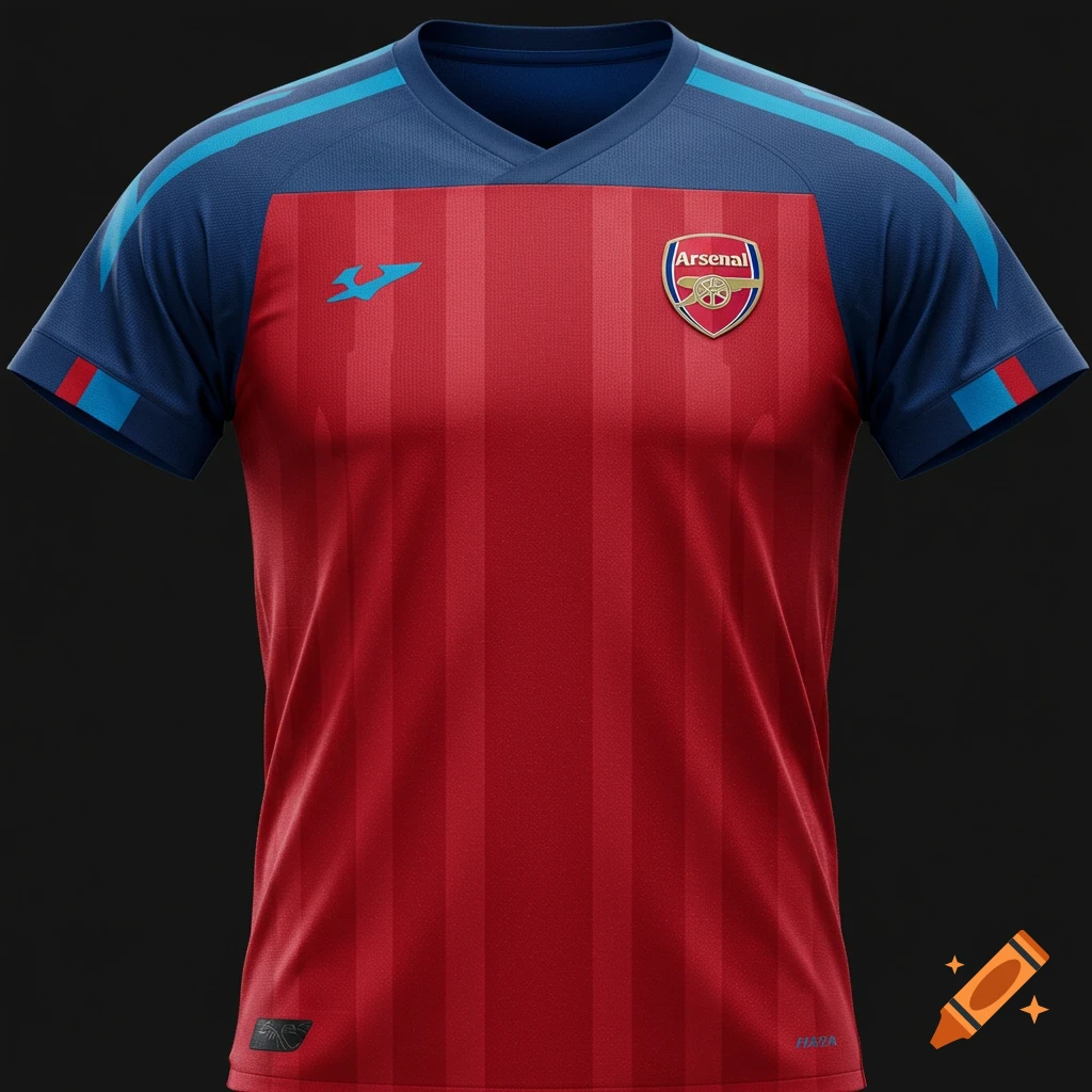 A close-up of a red and blue football jersey with the Arsenal logo and Joma branding.