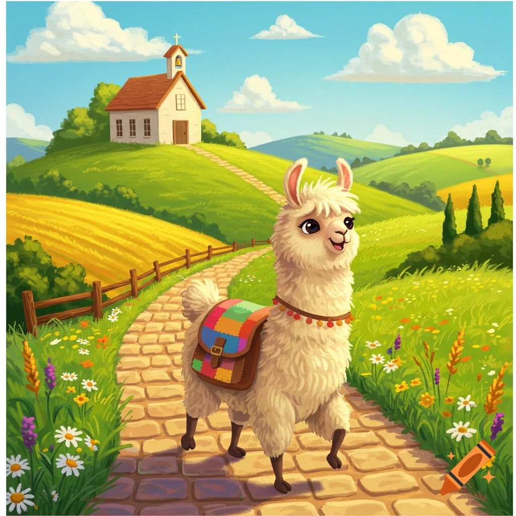 A happy cartoon llama with a colorful saddle bag walks on a cobblestone path through a vibrant rural landscape with hills, fields, and a church.