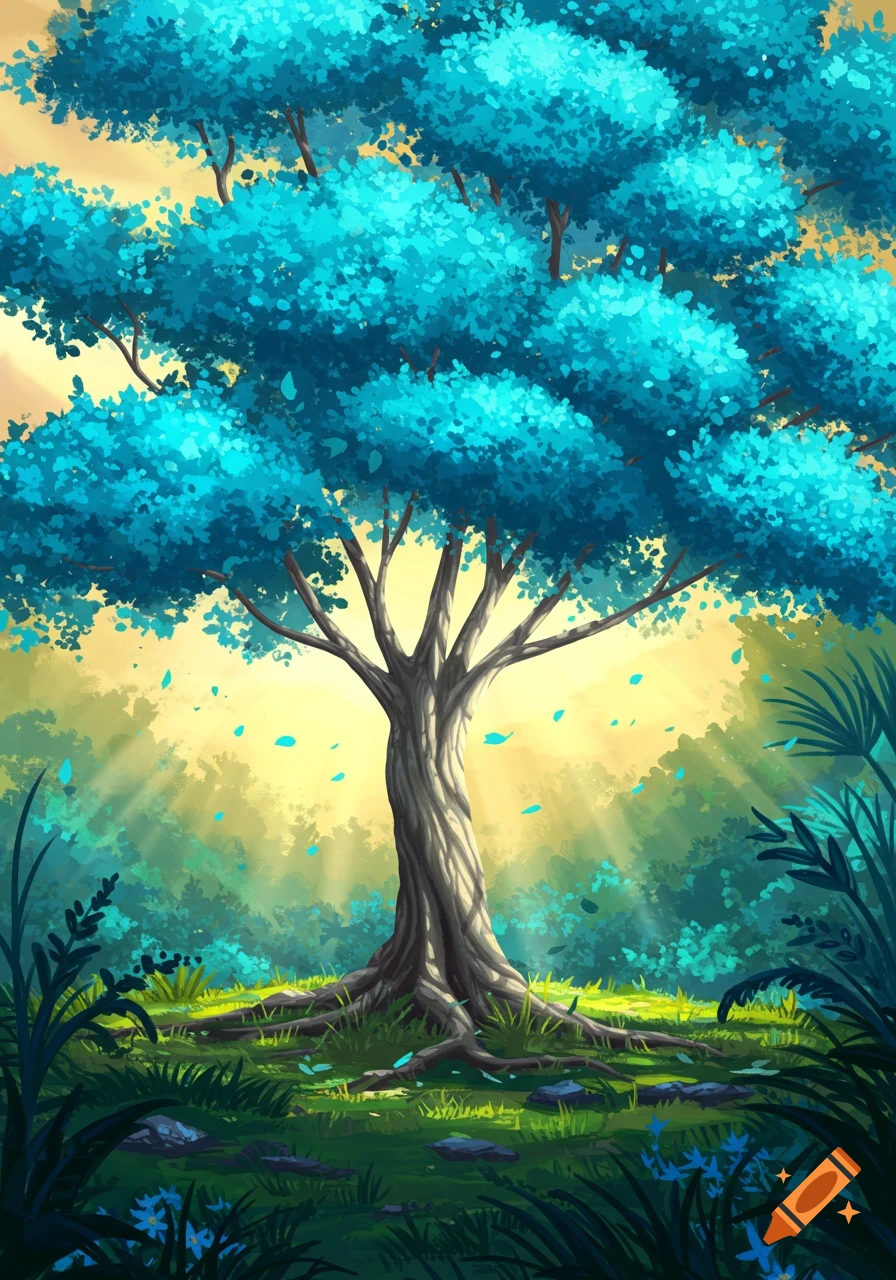 Stylized illustration of a large tree with vibrant blue leaves in a sun-drenched forest, light rays piercing through.