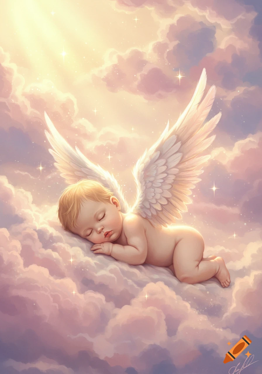A sleeping angel baby with blonde hair and white wings rests on soft pink and purple clouds, bathed in golden light.