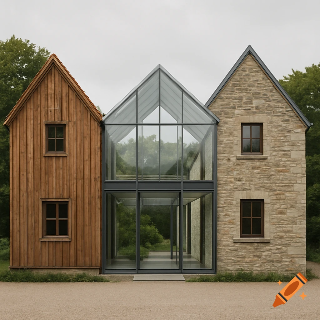 A modern house with three distinct sections: a wooden facade, a central glass greenhouse, and a stone wall, under a continuous roof.