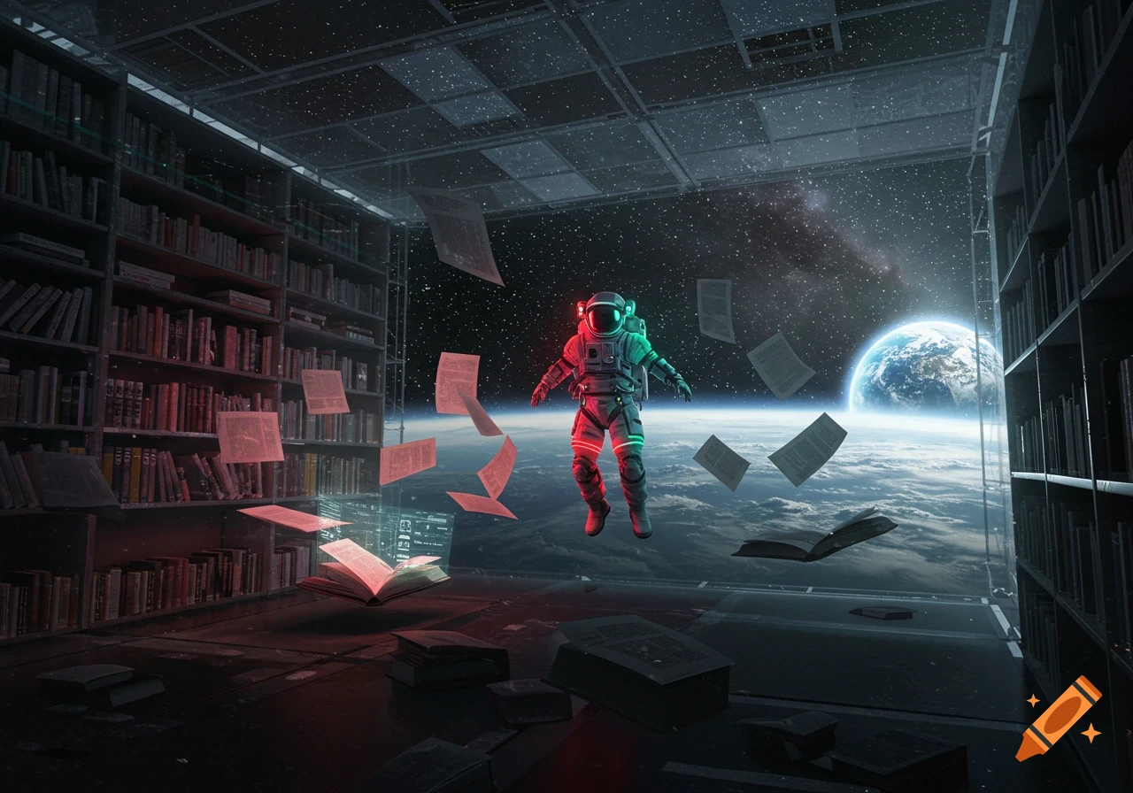 An astronaut floats in a futuristic glass-encased library in space, surrounded by floating books and papers, with Earth visible outside.