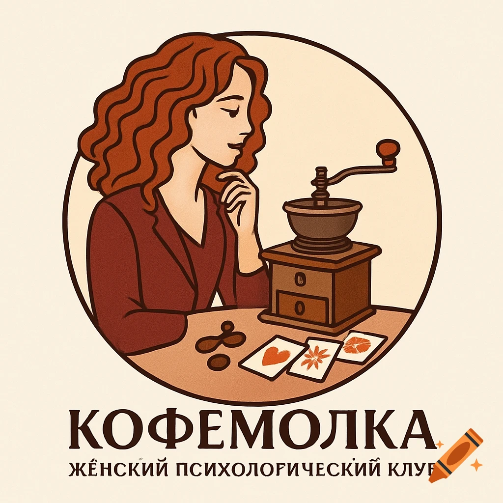 Round logo of a red-haired woman looking at a coffee grinder and symbolic cards, with Russian text.