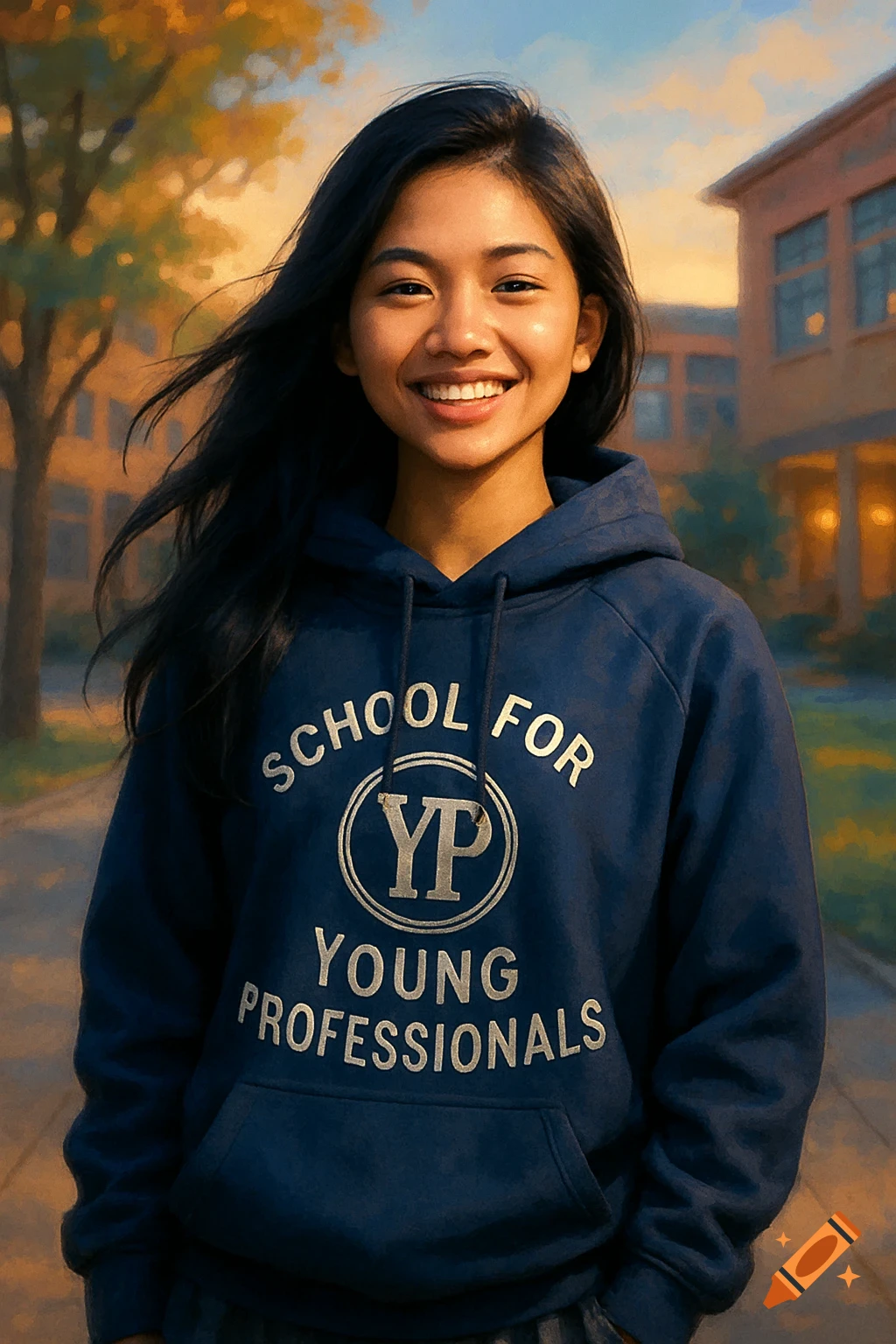 Smiling young Filipino girl in a dark blue 'School for Young Professionals' hoodie, standing outdoors near a school building.