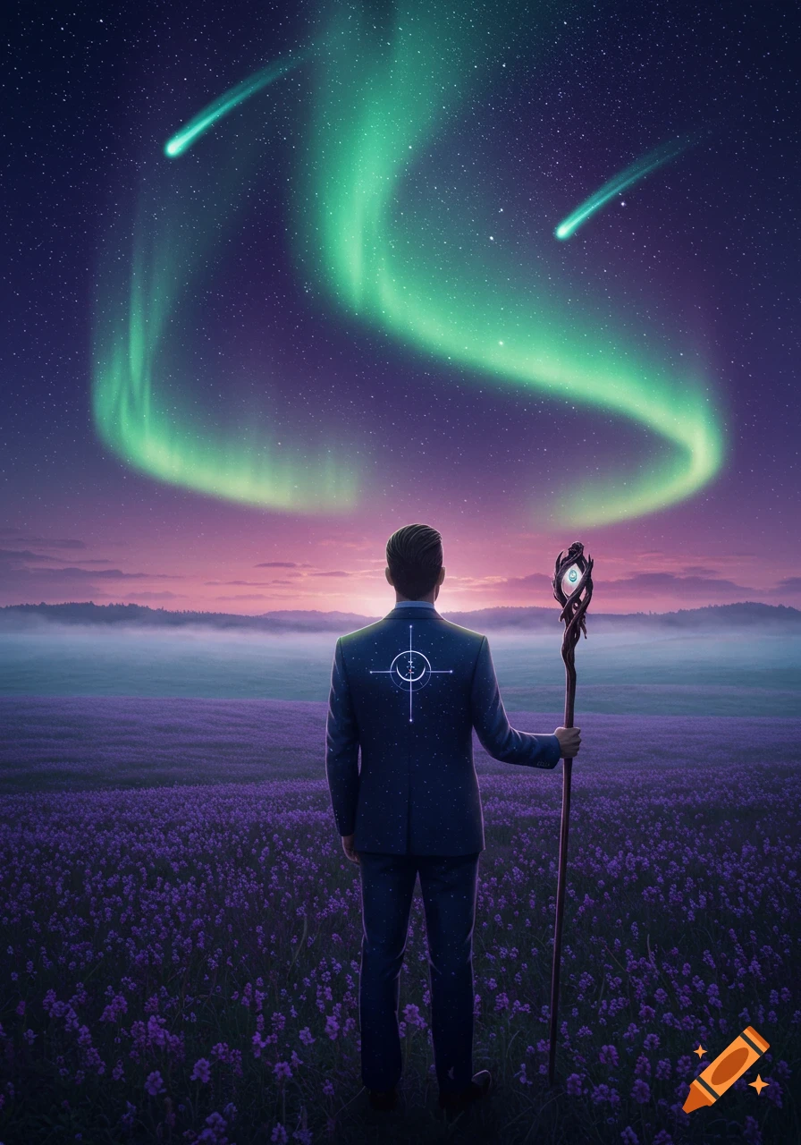 A man in a suit with a glowing symbol and staff overlooks a purple flower field under a vibrant aurora and shooting stars.